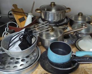 Assortment Pots, Pans, and Small Appliances