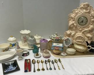 Cherub Clock, Collection of Ceramic Porcelain Decor Including Lenox Disney, Collectible Spoons