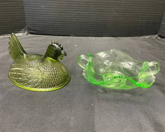 Uranium Glass Strawberry Pattern Dish, Green Glass Hen on a Nest Top