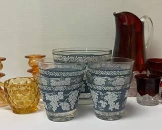Vintage Glasscolored Red Glass Pitcher Glasses, Hazel Atlas Barware Blue White Grapes