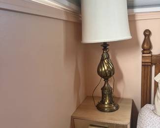 West Elm nightstand (there are 2) and a vintage lamp (torchiere) from the 1950s. 