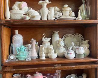 Loads of Lenox and Belleek Irish porcelain. Special Art Nouveau glasses are hiding in the back. 