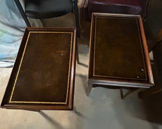Pair of Vintage Leather Top Side Tables - This set includes two elegant side tables with leather tops and decorative borders, perfect for any living space.
