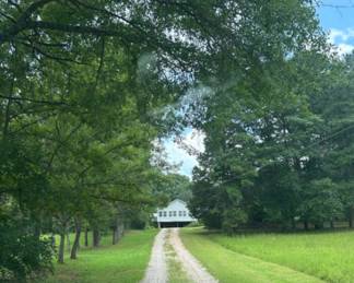 Scenic Gravel Driveway Leading to House - A picturesque gravel driveway lined with trees, leading to a charming house in a serene setting.
