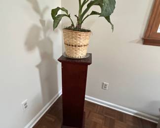 Wooden Plant Stand with Potted Plant - Elegant wooden plant stand featuring a potted plant. Perfect for adding a touch of greenery to any room.
