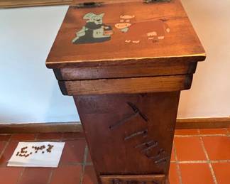 Vintage Wooden Trash Can with Farm Animal Design - This charming vintage wooden trash can features playful farm animal illustrations on the lid. It's a unique piece that adds character to any room.