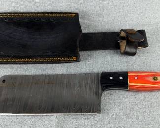 Damascus Steel 6" Cleaver Knife With Wood Handle And Leather Sheath