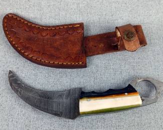  Damascus 3.5" Karambit Combat Knife With Multi-Colored Handle And Leather Sheath 