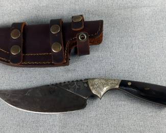 Peterson Damascus Steel Skinning Knife, 5.5" Blade, With Leather Sheath