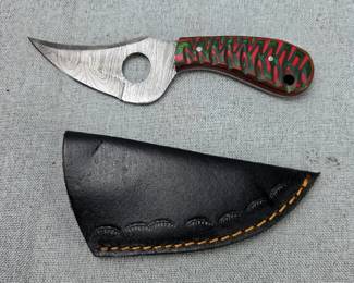 Damascus 3.5" Steel Skinner Knife With Multi-Colored Wood Handle And Leather Sheath