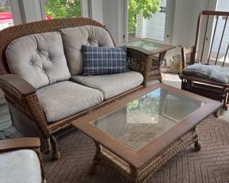 Glider wicker and wood loveseat
