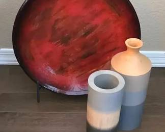 Red Ceramic Platter And Two Wood Vases