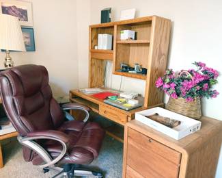 Wood set with hutch + file cabinet; large office chair