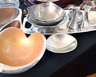 Nambe: candlesticks, platter, bowls including divided Yin Yang + heart