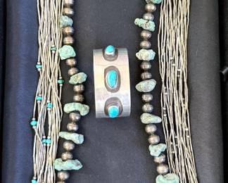 Native American liquid silver necklaces, turquoise + silver bracelet cuffs + necklace