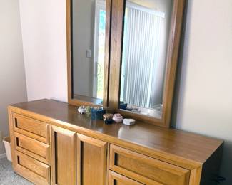 Thomasville solid wood bedroom set with queen headboard with cabinets, nightstands, tall + low dressers