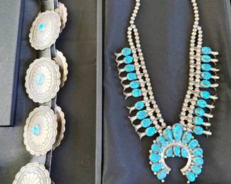 Califreda Roanhorse (daughter of Henry) Navajo squash blossom necklace and conch belt