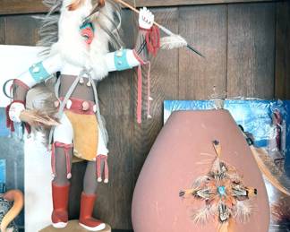 Katchina + ceramic pot with quail feathers