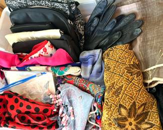 Assorted scarves, clutches + gloves