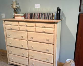 Chest, vintage lamp, CDs. Lamp shades