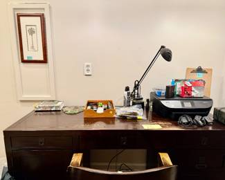 Vintage desk, chair, printer, lamp & office supplies