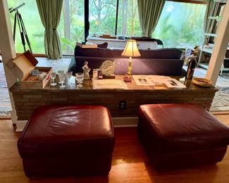 Pair of leather ottomans, Waterford, Lladro, art, hammered dulcimer