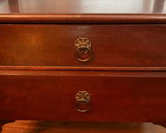 Tall narrow mahogony shelf with drawer $50