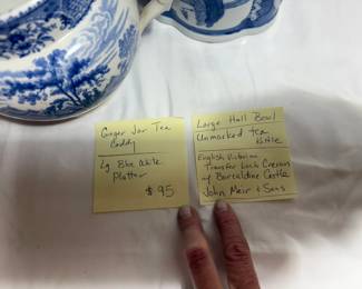 Ginger Jar Tea Caddy Lg Blue white Platter Large Hall Blue white bowl Unmarked Tea Kettle English Loch Creran W/ Barcadine Castle John Meir and Sons 8pc includes lids $95