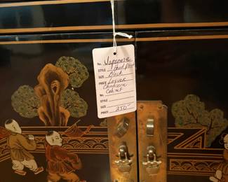 Japanese Hand Painted Black Laquer Chinoiserie Cabinet Some chipped paint ans pink paint left side $250