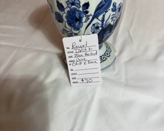 Large Chip in front base $50 Royal Delft Blue Footed Vase