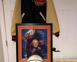 Eddie Sutton signed picture and basketball,  OSU letter jacket