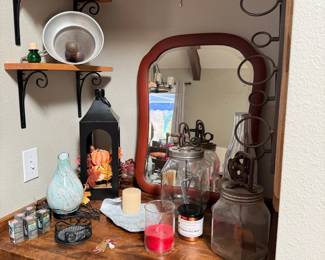 mirror, decor, essential oils, butter churns, ricer, candles