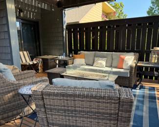 wicker patio furniture-couch, chairs, side tables, gas fire pit, patio rug