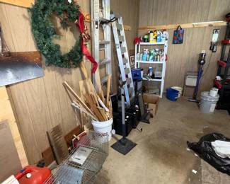 trap, gas cans, wreath, ladder,