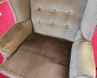 Two Vintage Wingback Chairs with Button Tufting.