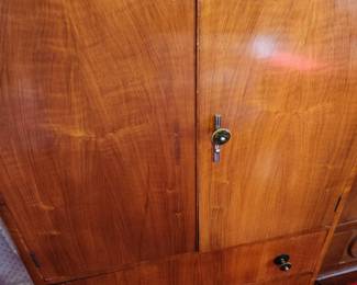 Vintage Walnut Veneer Tallboy Cabinet with Lower Storage Drawers. Art Deco. We have the missing pulls.
