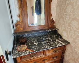 Beautiful Antique Victorian Dresser with Ornate Mirror and Marble Top!