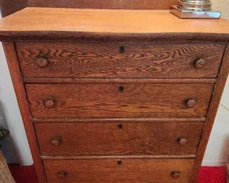 Antique Oak Five-Drawer Tallboy Dresser w/Scalloped Crest.
