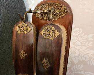 Antique Wall-Mount Wooden Clothes Brush Set w/ornate Brass Accents.