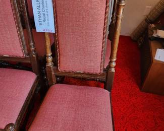 Got some history here....Ethan Allan Vintage Charter Oak Dining Chairs...Carved Crest Rail and turned spindle accents. There are six of these beauties!