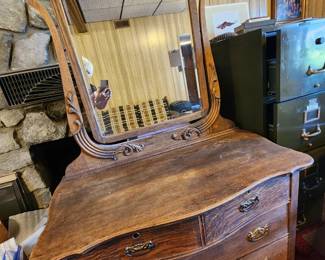Antique Oak 'Serpentine' Vanity Dresser with Curved Front and Swivel Mirror!