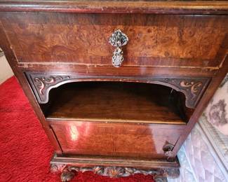 Antique Burl Wood Bedside Cabinet with Ornate Details. G