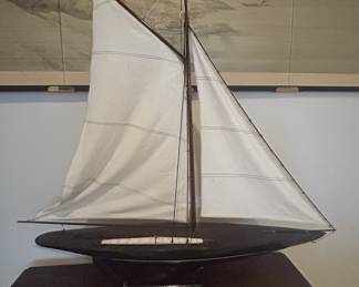 Antique wooden pond yacht model sailboat, dark hull, cloth sails