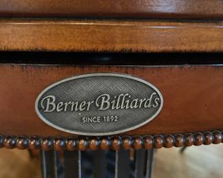 Berner Billiards pool table, wood with leather pocket, brass plaque