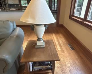 Wooden urn-style table lamp with linen shade, wood side table