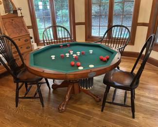 Berner Billiards octagon bumper pool table with 4 Windsor chairs