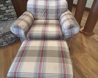 Plaid upholstered armchair with matching ottoman, set of 2