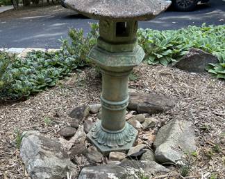Concrete Japanese pagoda garden lantern, weathered stone finish