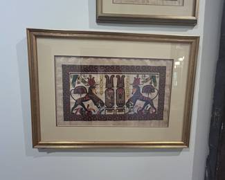 Framed Egyptian papyrus art, sphinxes and hieroglyphics, gold frame