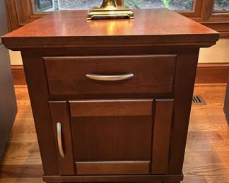 Wooden nightstand end table, drawer and cabinet, brass lamp
